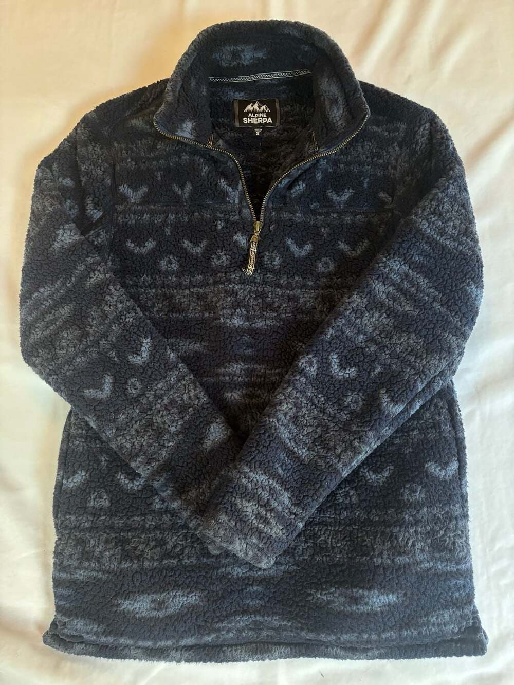 Alpine Sherpa 1/4 Zip Pullover Fuzzy Fleece Navy Blue Aztec Print Mens Size S